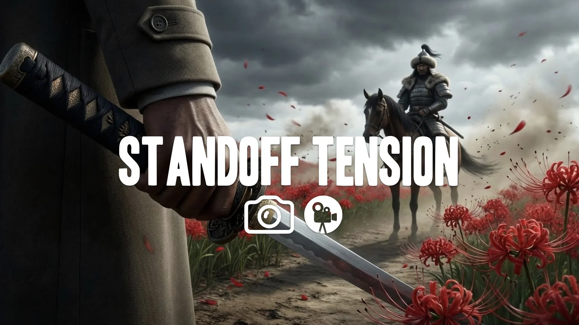 Low-angle, cinematic standoff perspective. The camera focuses tightly on the character’s hand hovering over the katana hilt, thumb twitching in anticipation. In the background, a Mongol warlord waits 