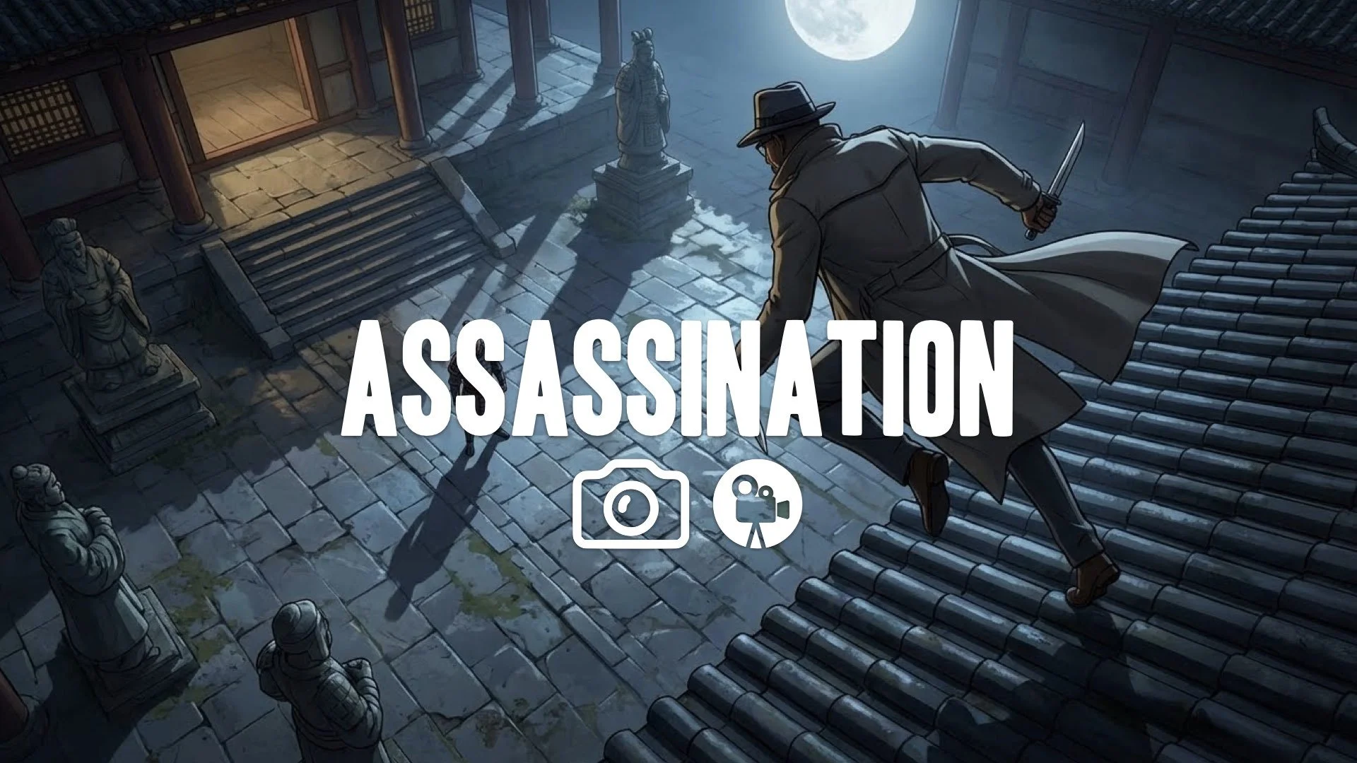 High-angle stealth gameplay: character drops silently from temple roof towards guard, tanto drawn. Moonlight casts long shadows on tiles; cape billows dramatically. Keep character/style. No music.