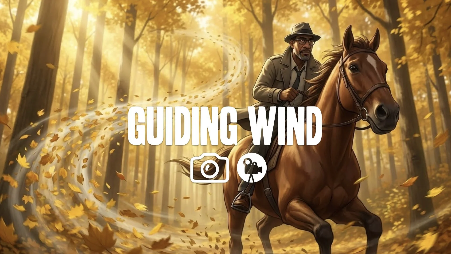 Dynamic tracking shot: Character gallops through dense golden autumn forest. Guiding wind whips yellow leaves past camera under filtering sunlight. Keep character/style. No music.