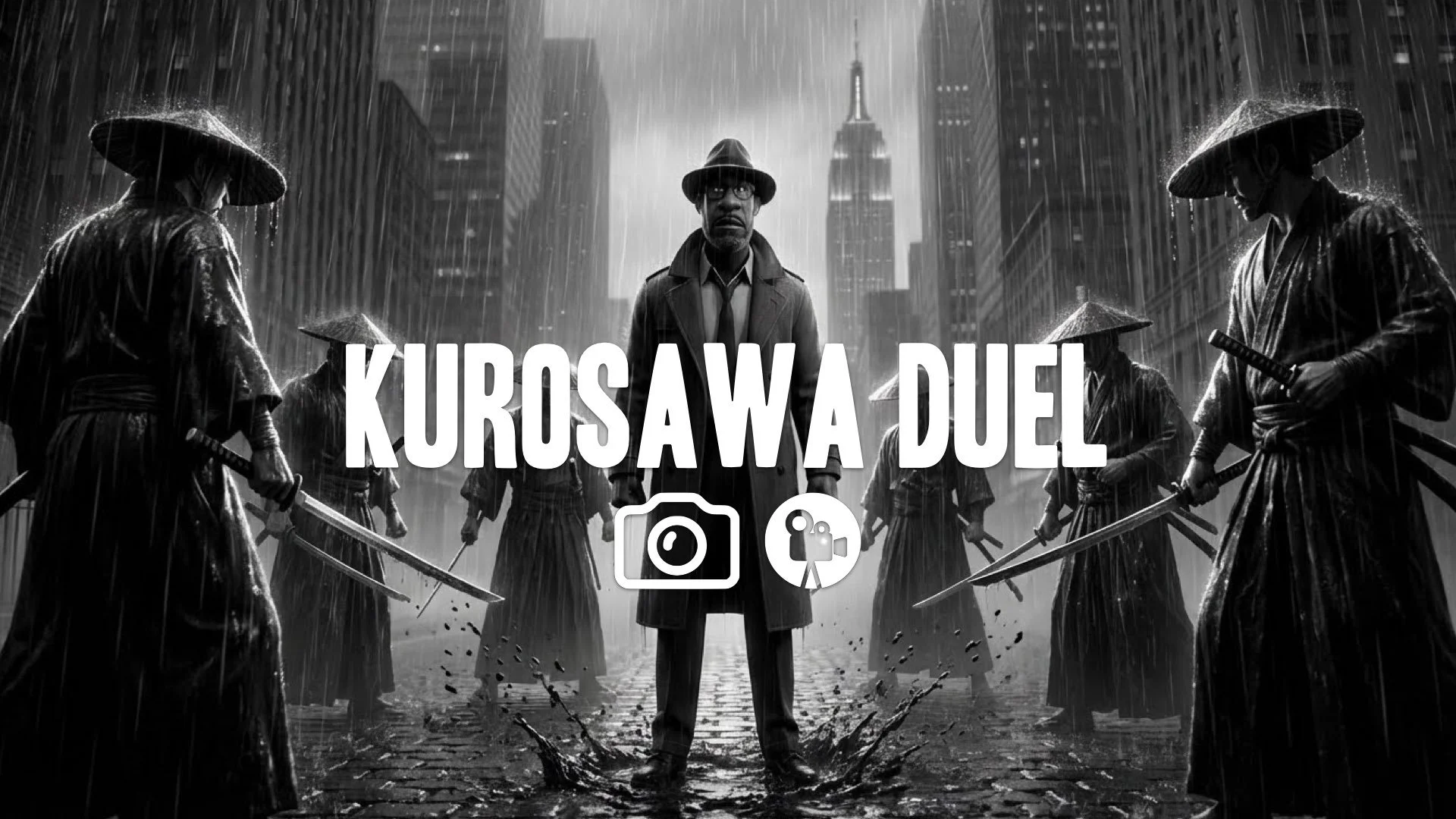 B&W "Kurosawa Mode" gameplay. Character surrounded by five enemies in pouring rain. Static tense shot before the draw. Heavy film grain texture. Keep character/style. No music.