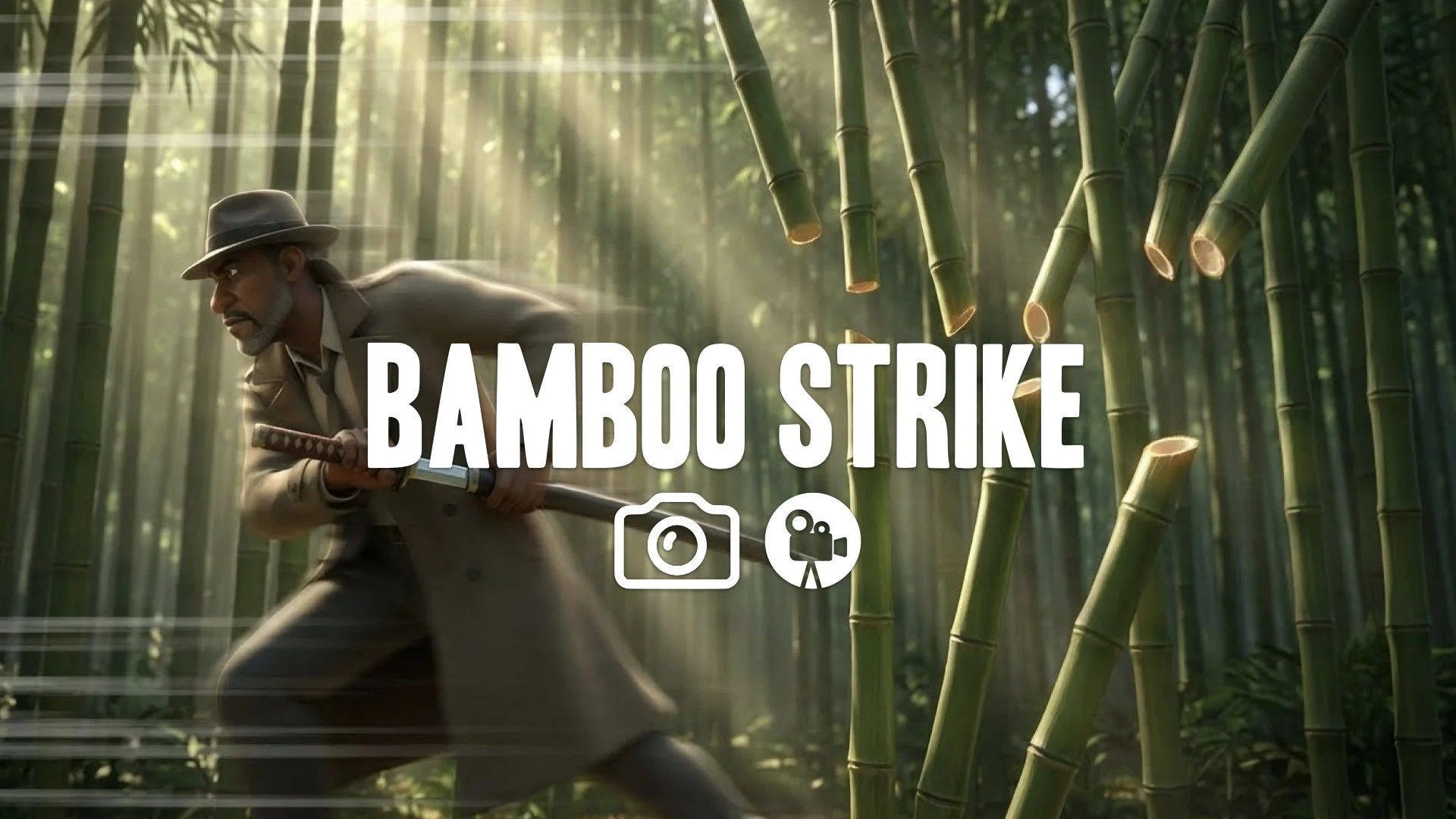 Gameplay side-profile: blurred character sheathing katana. Seven bamboo stalks severed mid-air in sunlit grove. Emphasize speed and precision. Keep style. No music.