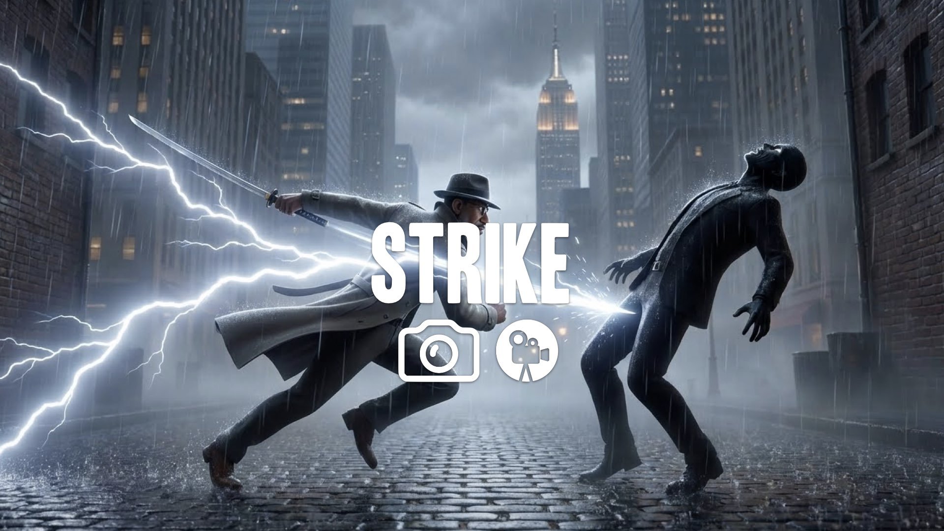 Action freeze-frame: Character dashes with lightning-trailed "Heavenly Strike" slash. Silhouetted enemy stunned against stormy sky, rain suspended. Keep style. No music.