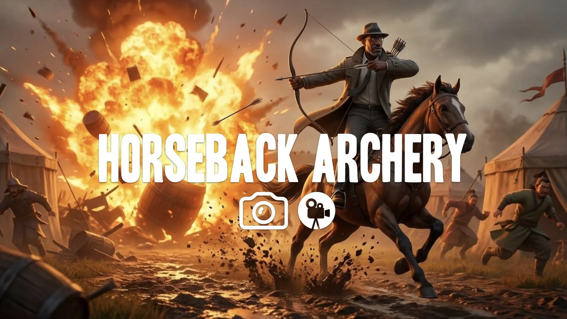 Side-view chase: Character standing on galloping horse, loosing arrow at exploding powder barrel in Mongol camp. Mud flies, fire illuminates scene. Keep style. No music.