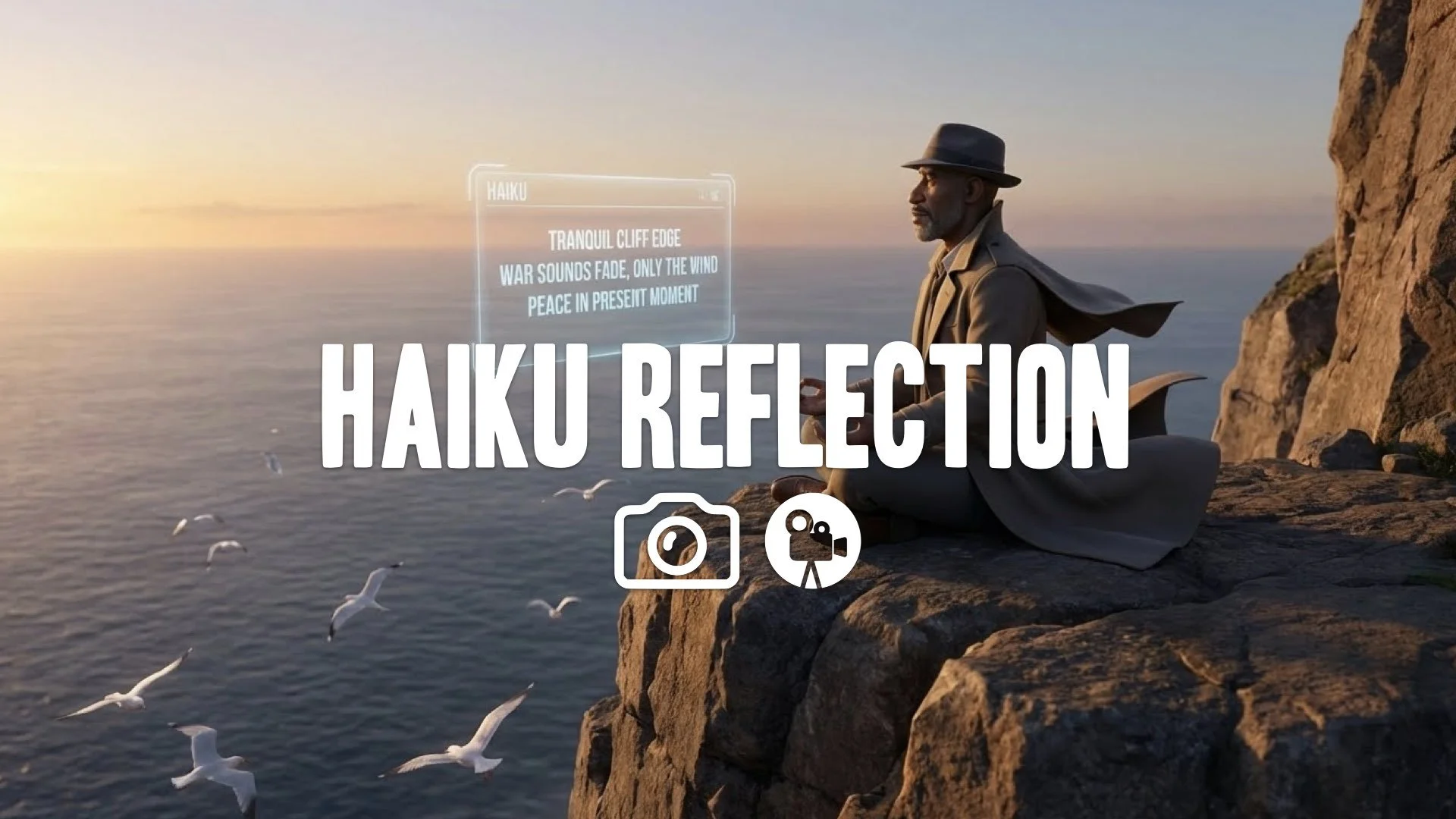 Static wide shot: Character meditating on cliff edge overlooking ocean. Subtle floating Haiku interface. Cape flutters, birds circle below. Absolute zen atmosphere. Keep style. No music.