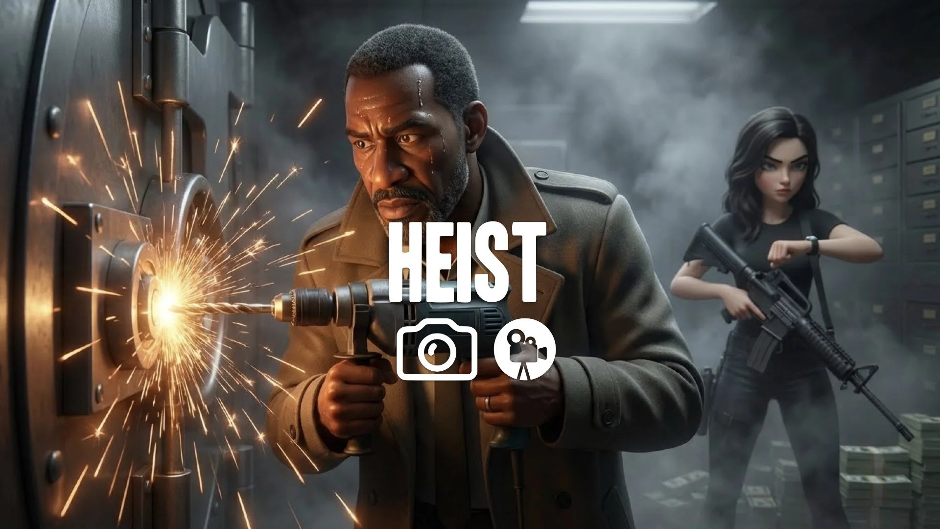 Tense vault scene. Character drills lock, sparks flying. Teammate guards with rifle behind. Smoke fills room. Cinematic lighting. Keep the character and the original style. No music.