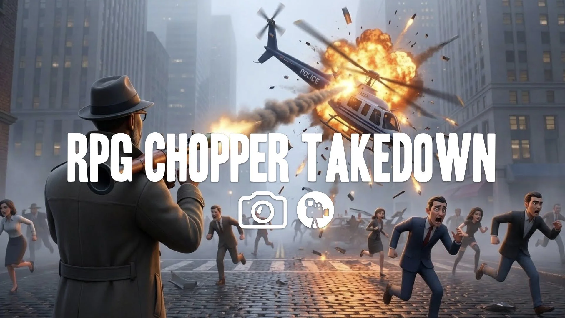 Over-shoulder RPG fire. Rocket hits police chopper, exploding mid-air. Debris rains on street. Chaos below. Keep the character and the original style. No music.