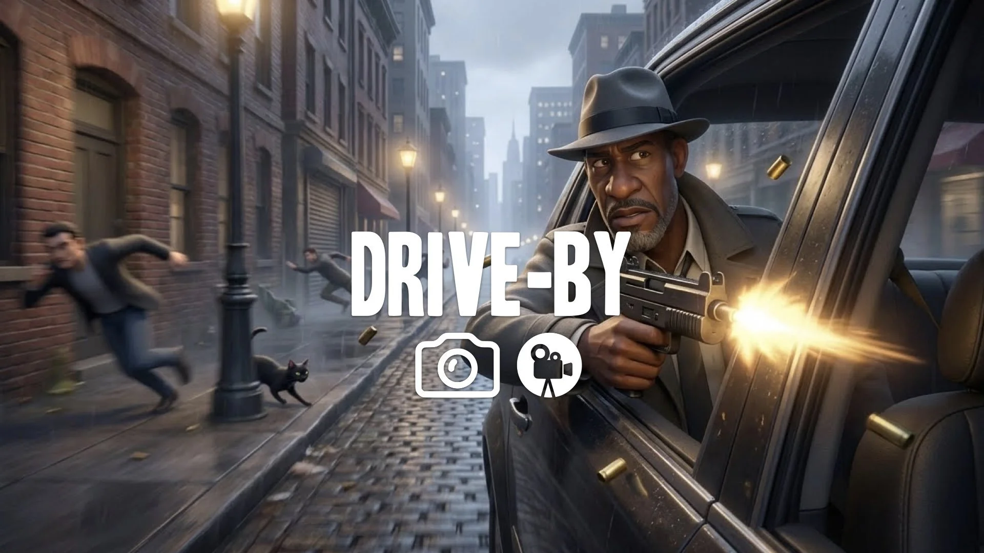 Interior car view. Character leans out window firing SMG. Muzzle flash lights dashboard. High speed street blur. Keep the character and the original style. No music.