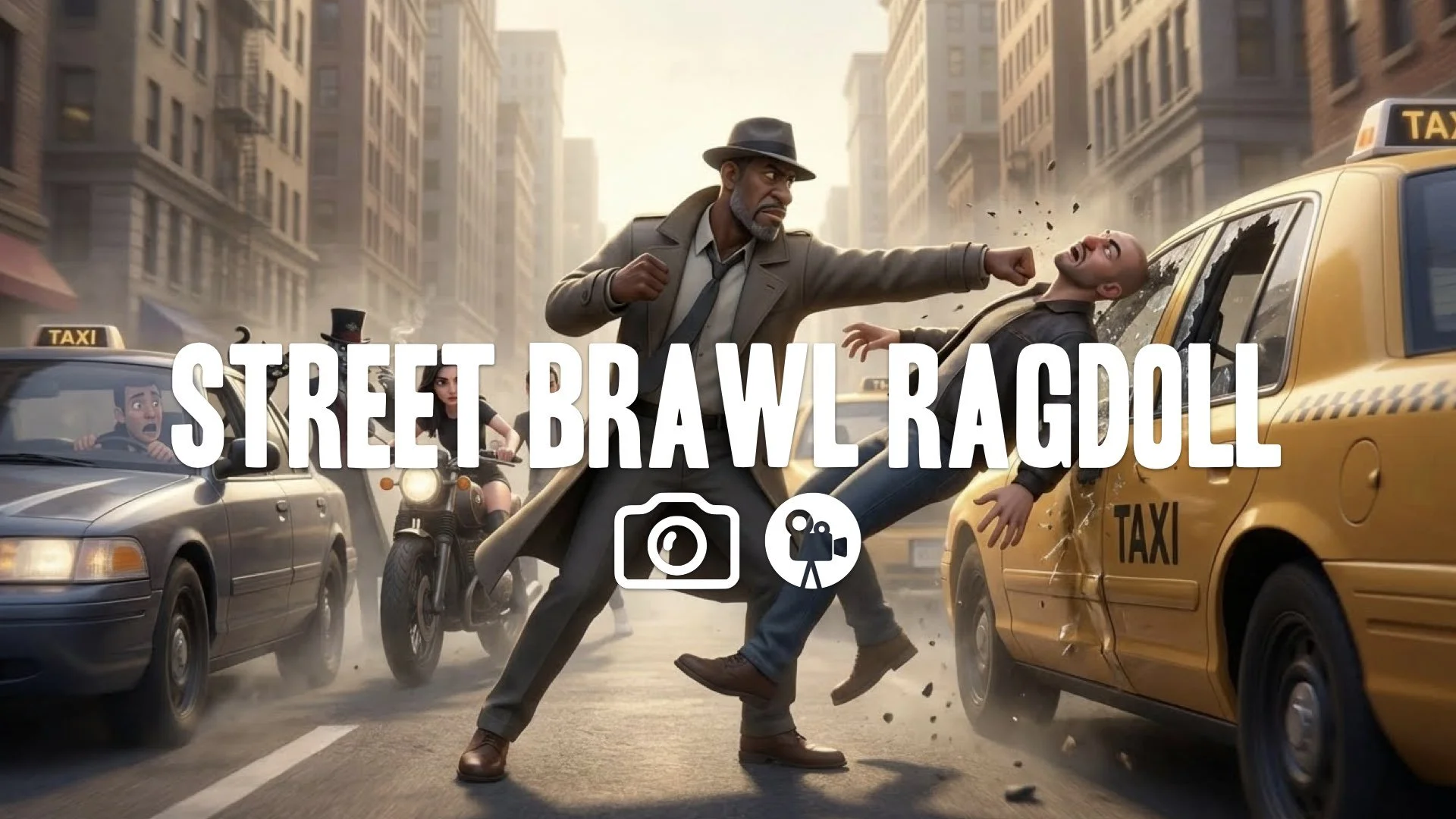 Street fight. Character punches opponent into parked taxi. Ragdoll physics. Traffic swerves. Hazy lighting. Camera shake. Keep the character and the original style. No music.
