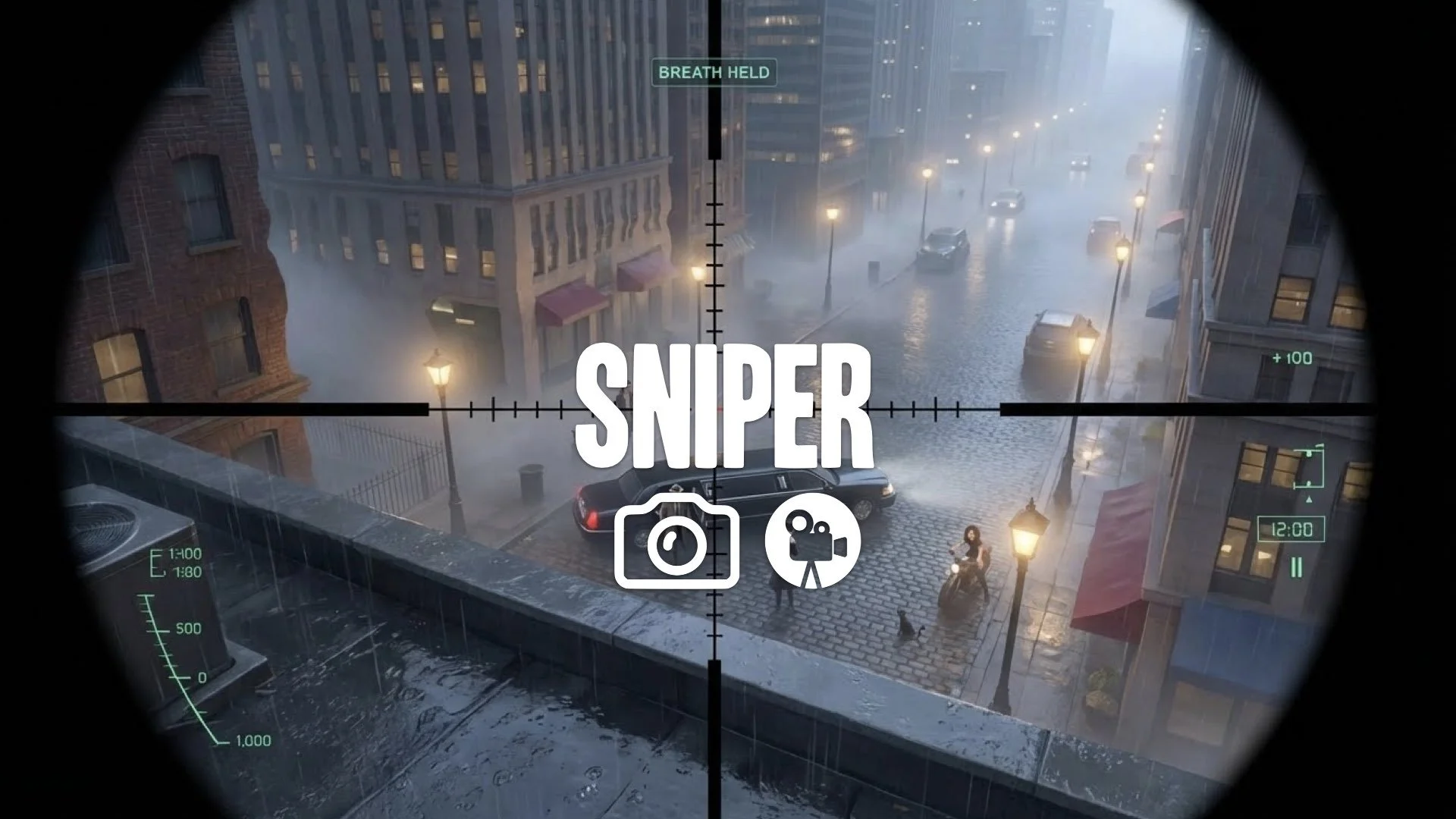 Sniper scope view from roof. Crosshair tracks target exiting limo on street. Heat shimmer distortion. Breath held. Keep the character and the original style. No music.