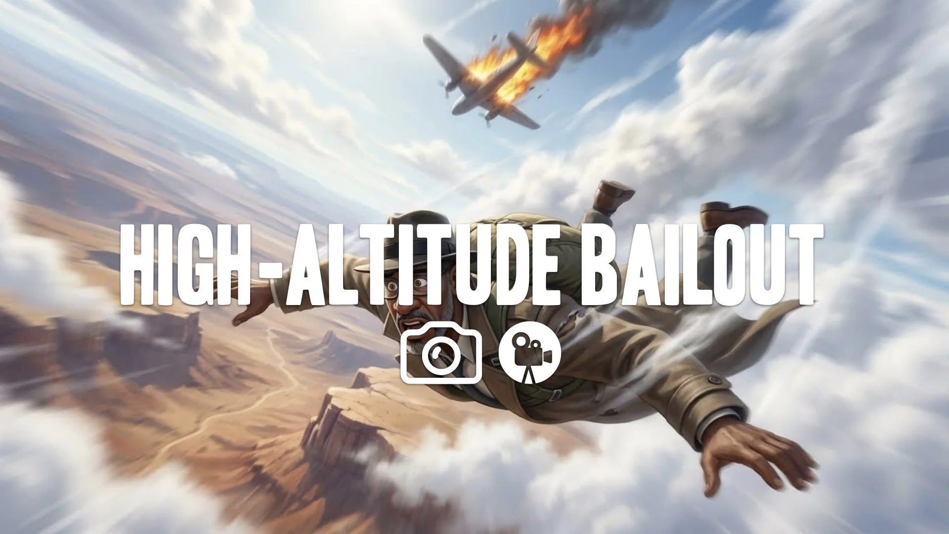 High-altitude freefall. Character tumbles through clouds above desert. Parachute pack visible. Wind rush effect. Vertigo. Keep the character and the original style. No music.