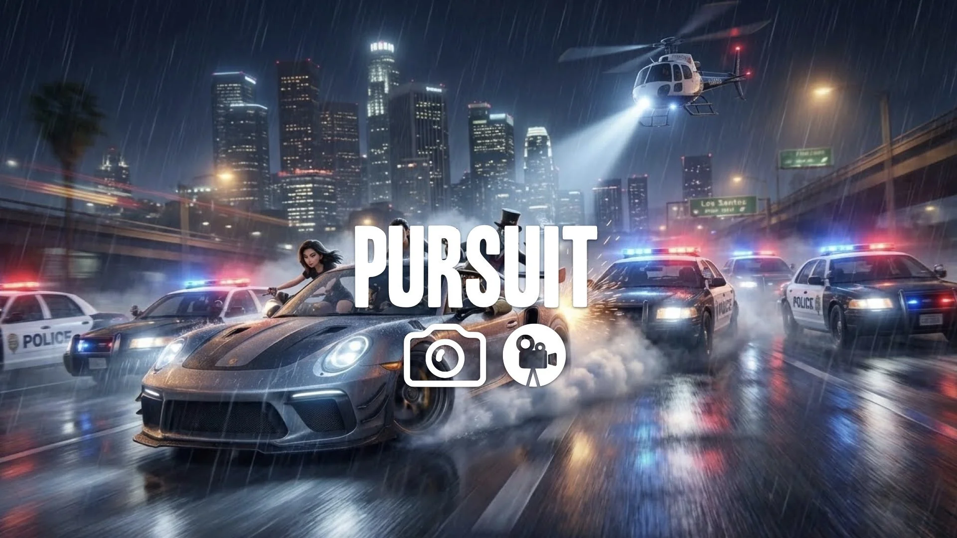 Low-angle chase. Sports car speeds on rainy night freeway, police cruisers bumping bumper. Helicopter spotlight. Cinematic blur. Keep the character and the original style. No music.