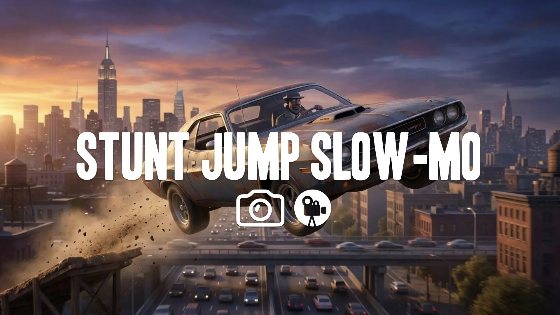 Slow-mo stunt. Muscle car launches off ramp over highway. Sunset city skyline. Car rotates mid-air. Kinetic motion. Keep the character and the original style. No music.