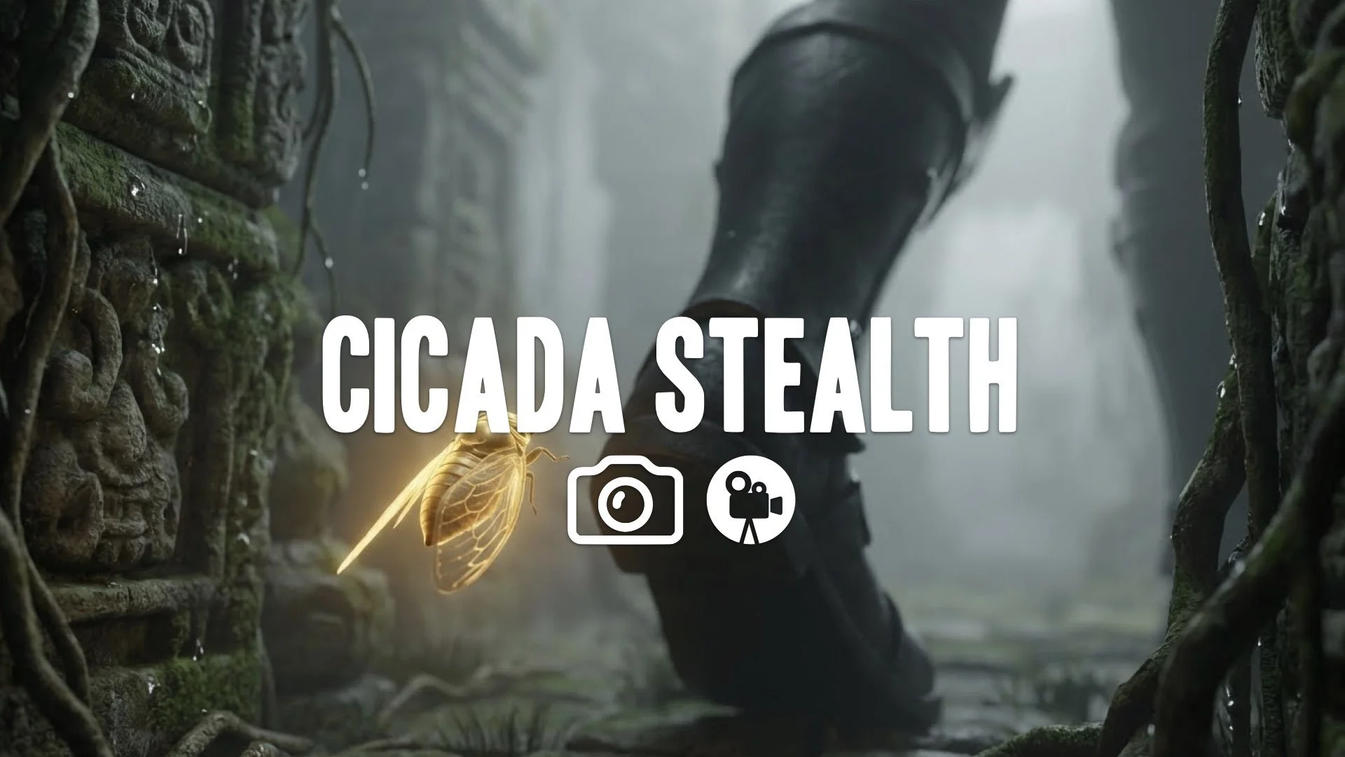 Third-person gameplay: Piloting small golden cicada through dense, foggy temple ruins. Sneaking past massive demon boot. Macro photography aesthetic, shallow depth of field. Keep style. No music.