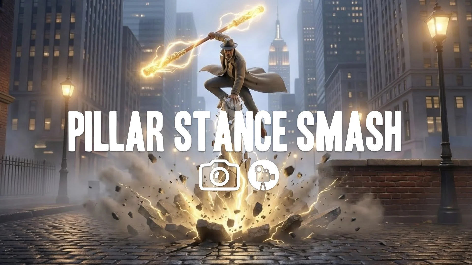 Low-angle action: Character frozen at apex of massive glowing staff slam from extended pillar. Ground buckling below. Unreal Engine 5 fidelity. Keep style. No music.