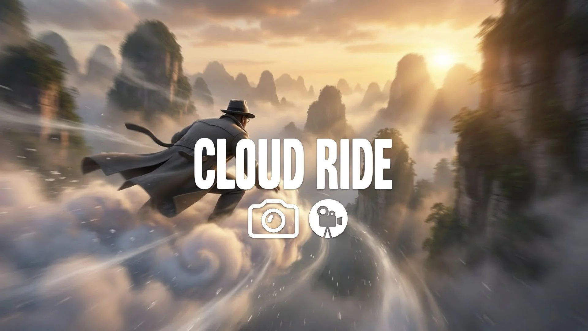 High-speed chase view: Character on magical somersault cloud zooming through misty Chinese karst peaks at sunset. Emphasize intense speed, wind, and volumetric clouds. Keep style. No music.