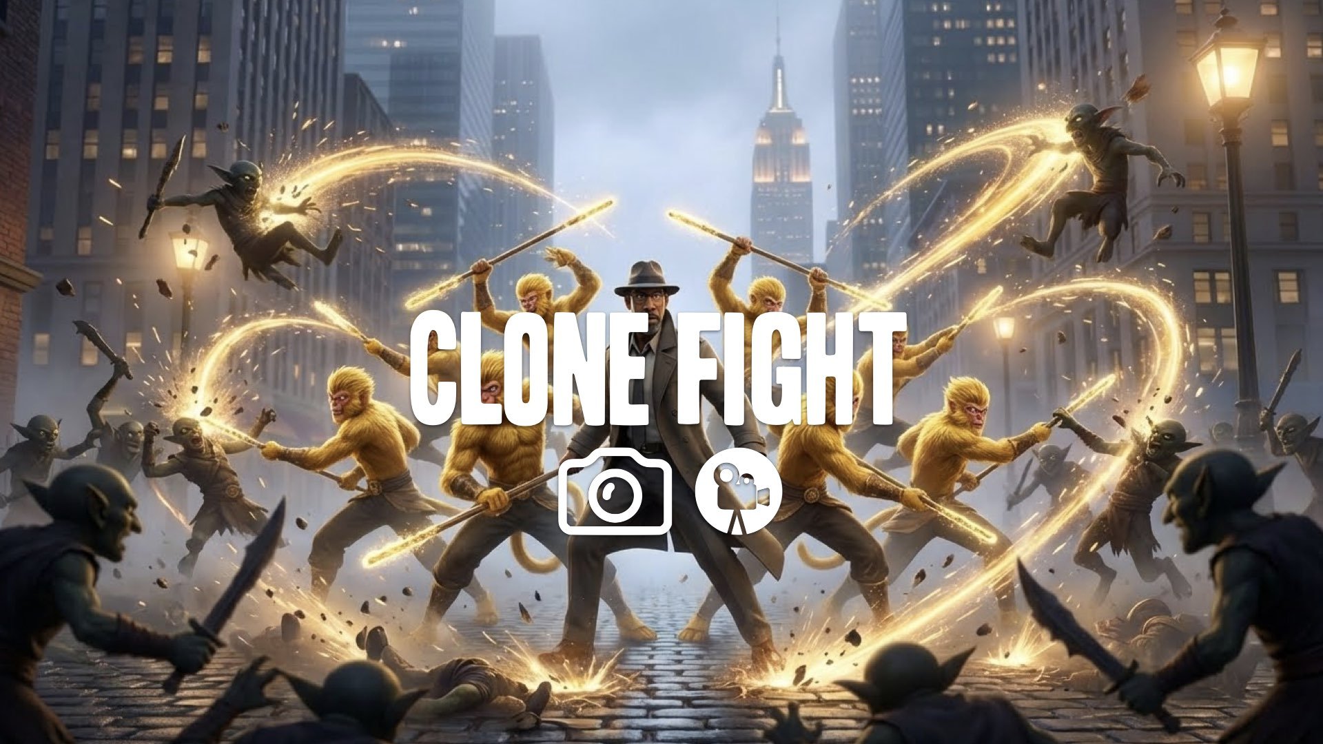 Chaotic combat: Main character surrounded by a dozen golden clones fighting a horde. Golden magical staff energy trails. High particle count, kinetic energy. Keep character and style. No music.