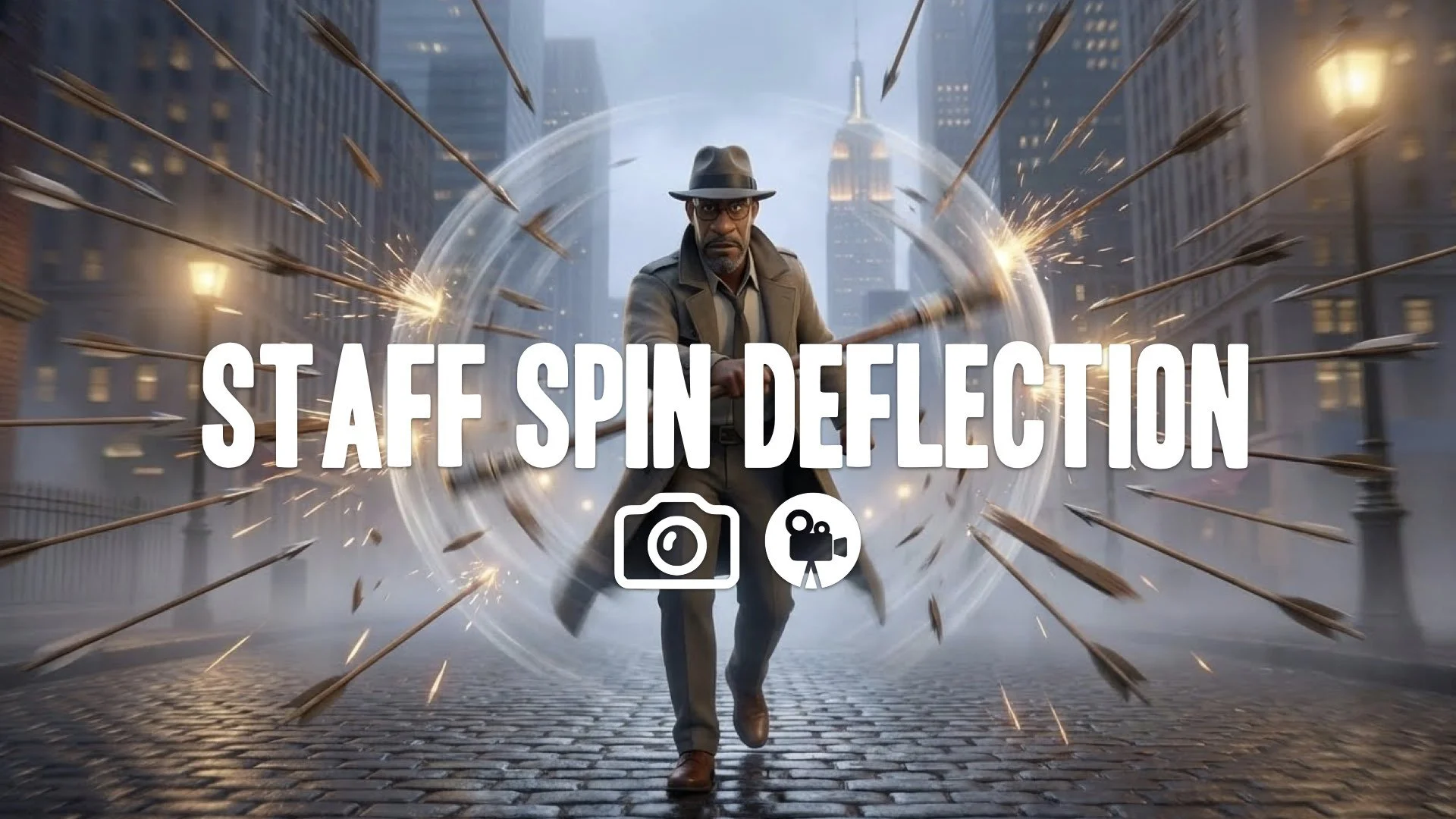 Front action cam: Character spins staff at blinding speed creating shield blur. Arrows deflect with flying sparks as they march forward relentlessly. Motion blur focus. Keep character/style. No music.