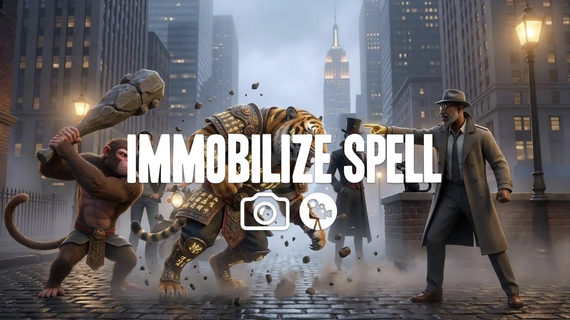Mid-combat shot: Monkey character freezes massive tiger vanguard mid-pounce with glowing golden calligraphy script, winding up for heavy smash. Paused debris everywhere. Keep style. No music.