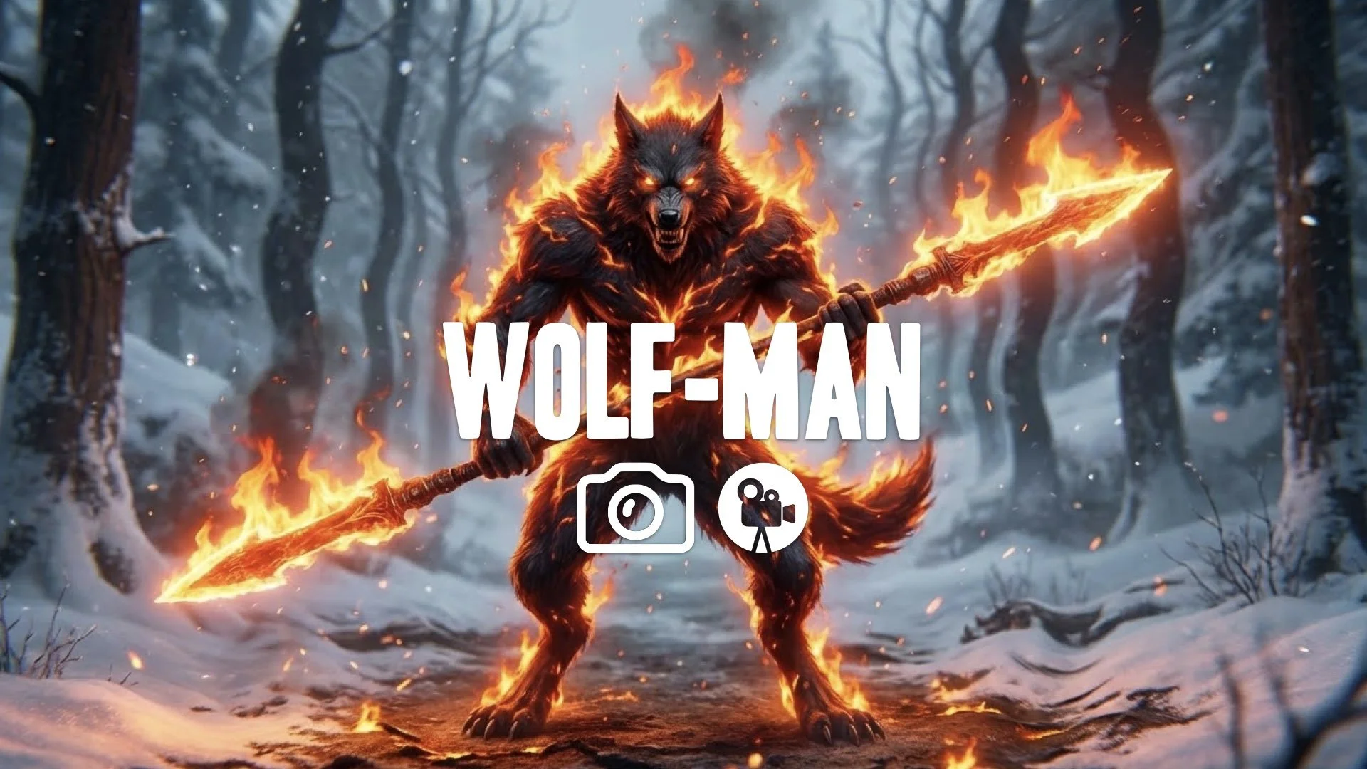 Gameplay transformation: Character as burning "Guangzhi" wolf-man, wielding double-bladed fire staff. Flames wreath fur, heat distortion warps snowy background. Visceral power. Keep style. No music.