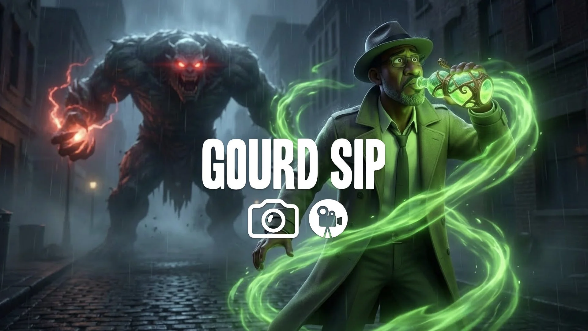 Tense boss fight: Character retreats, desperately drinking green essence from glowing gourd. Massive boss charges in dark background. Moody lighting highlights gourd. Keep style. No music.