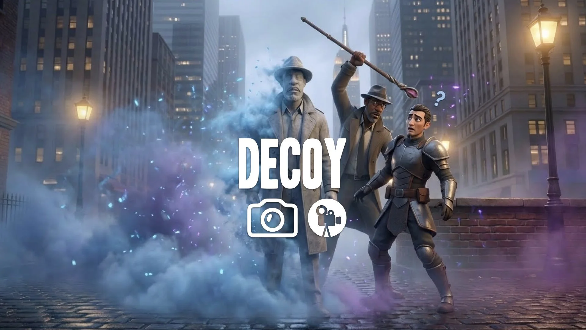 Trickster combat: Character dissolves to mist, leaving stone decoy. Reappears behind confused enemy for critical staff hit. Dominant smoke and magical particles. Keep character/style. No music.