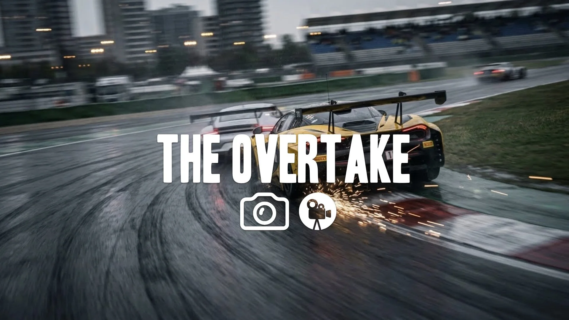 Cinematic chase cam behind a GT3 car executing a tight overtake on a curve, sparks flying from the chassis, realistic motion blur and track texture. No music.