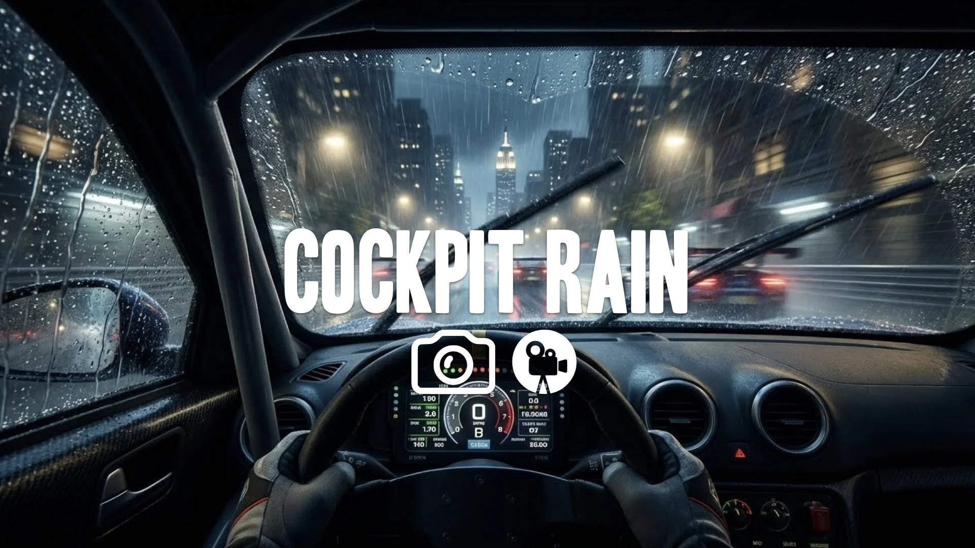 First-person cockpit view, GT3 car racing in heavy rain at night, wipers moving, illuminated dashboard, intense speed and realistic water physics on windshield. No music.