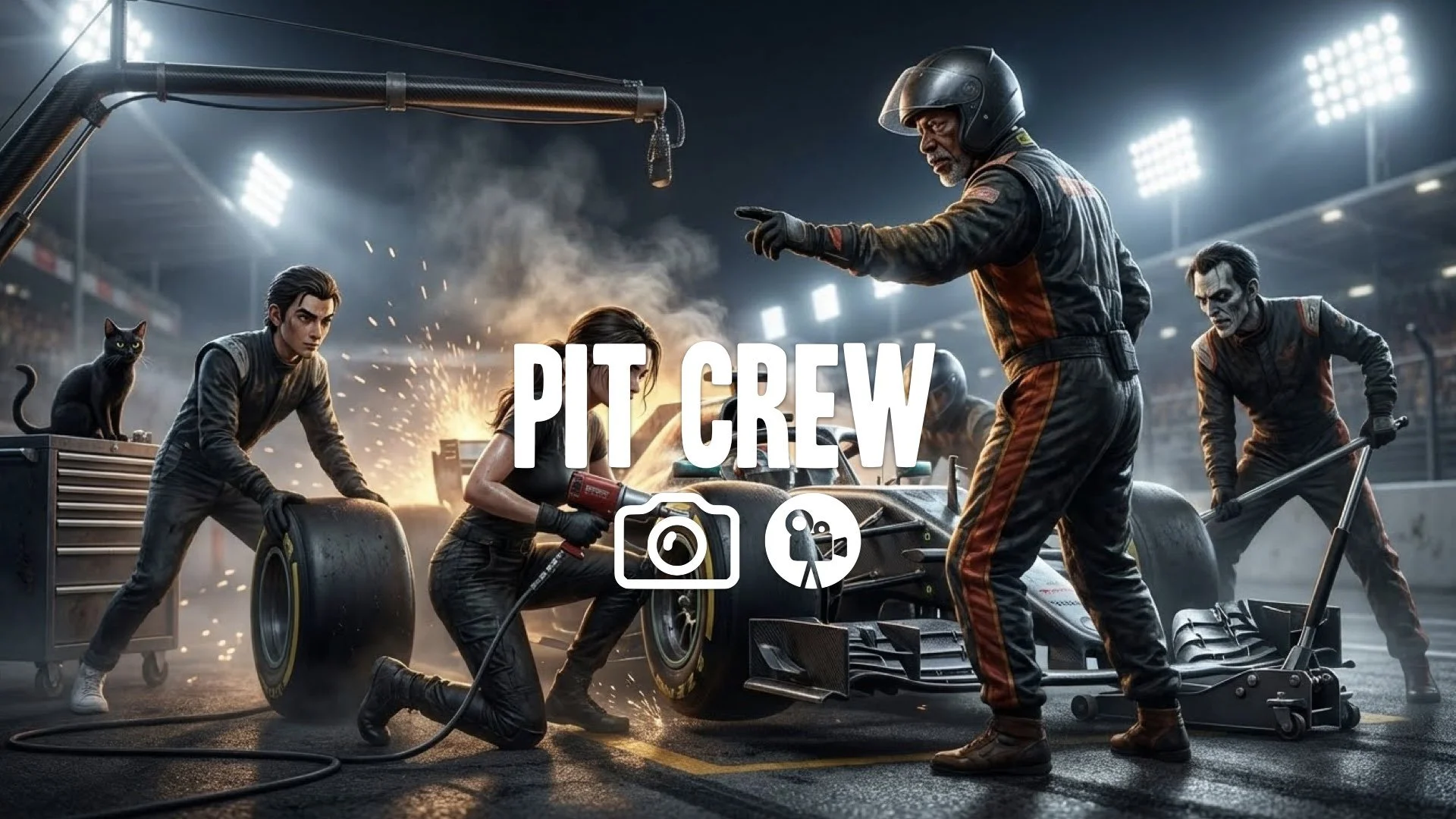 Low angle shot of a pit crew changing tires in seconds during a night race, cinematic lighting, heat haze from the engine, hyper-realistic details. No music.