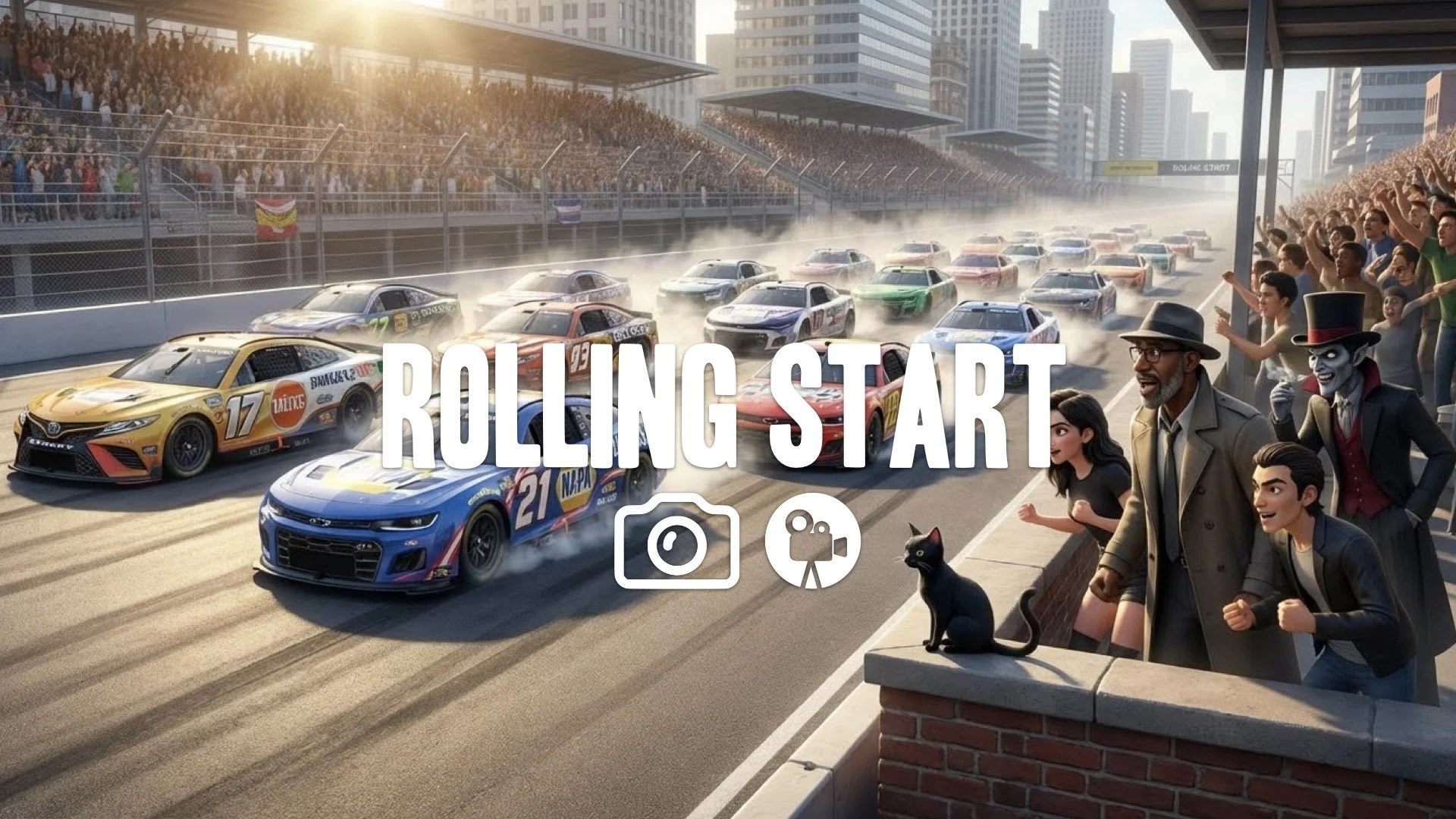 Wide dynamic shot of a rolling start, twenty cars packed tight, sunlight glinting off liveries, heat distortion, intense racing atmosphere. No music.