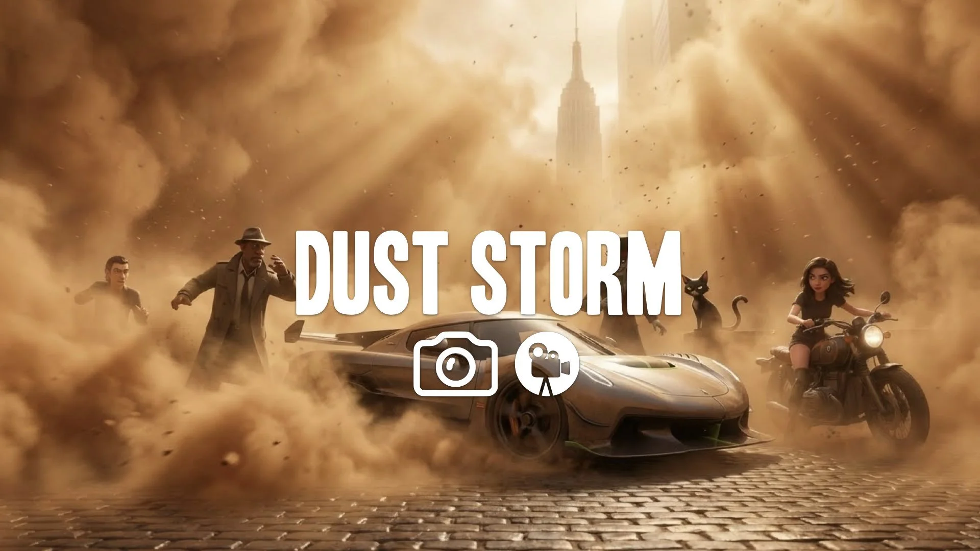Hypercar drifting through a massive Mexican dust storm, volumetric lighting, sand particles swirling, dynamic action camera following the drift. No music.