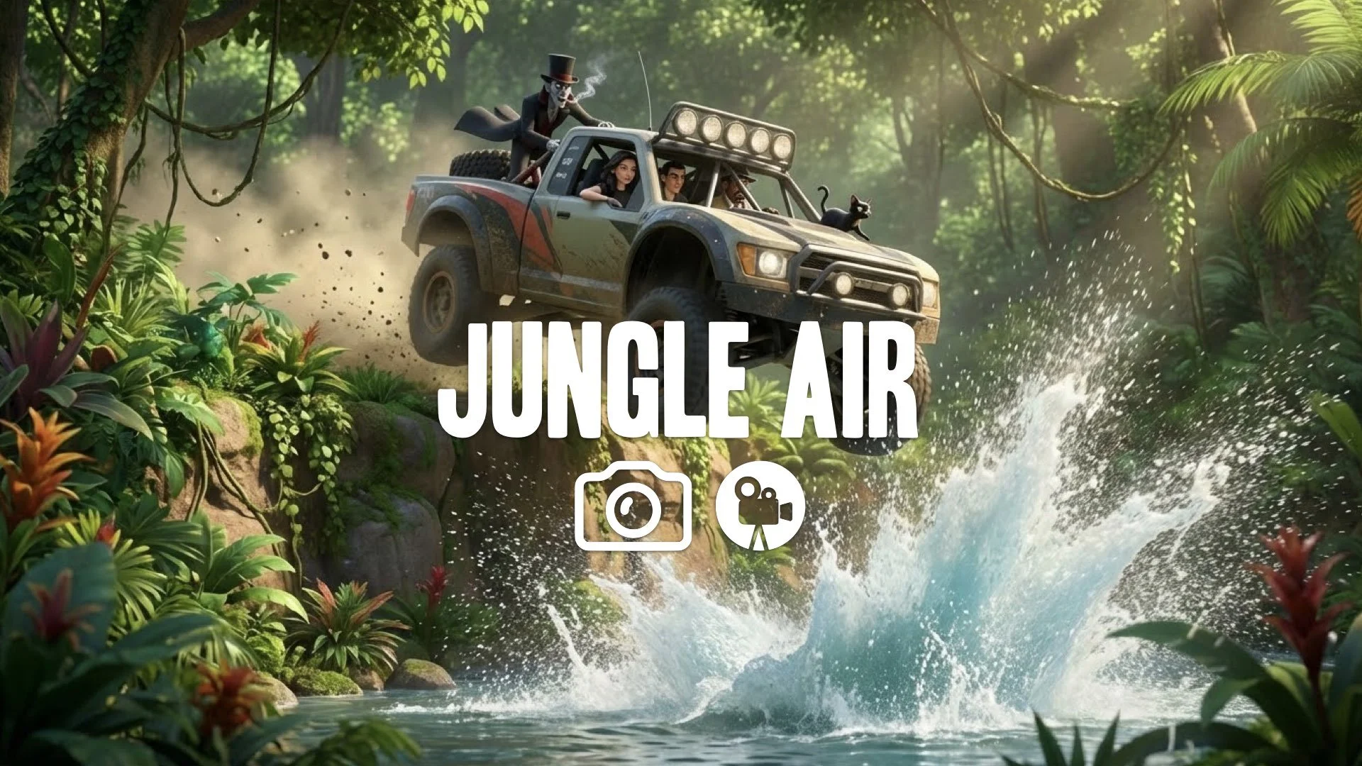 Off-road trophy truck launching off a cliff in a lush jungle, slow-motion airtime, vibrant greenery, water splash landing, cinematic lighting. No music.