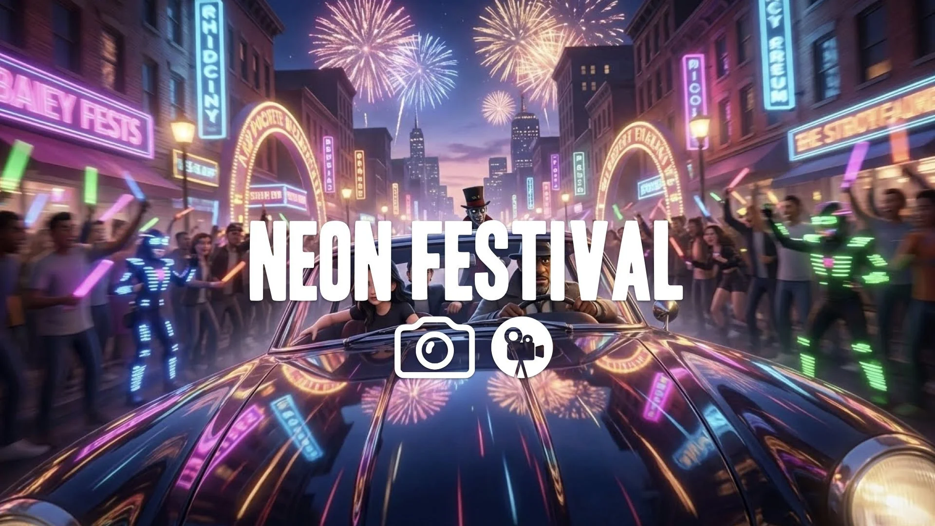 Street racing at dusk through a neon-lit festival crowd, fireworks in the sky, motion blur, glossy reflections on the car hood, high energy. No music.