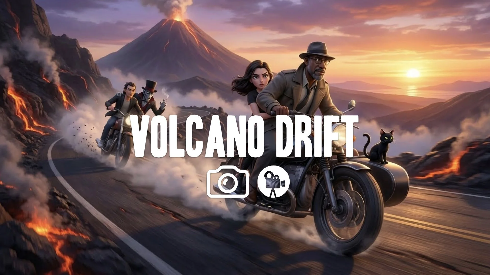 Drifting down a volcanic mountain road, smoke from tires, scenic backdrop of the horizon, golden hour lighting, cinematic chase perspective. No music.