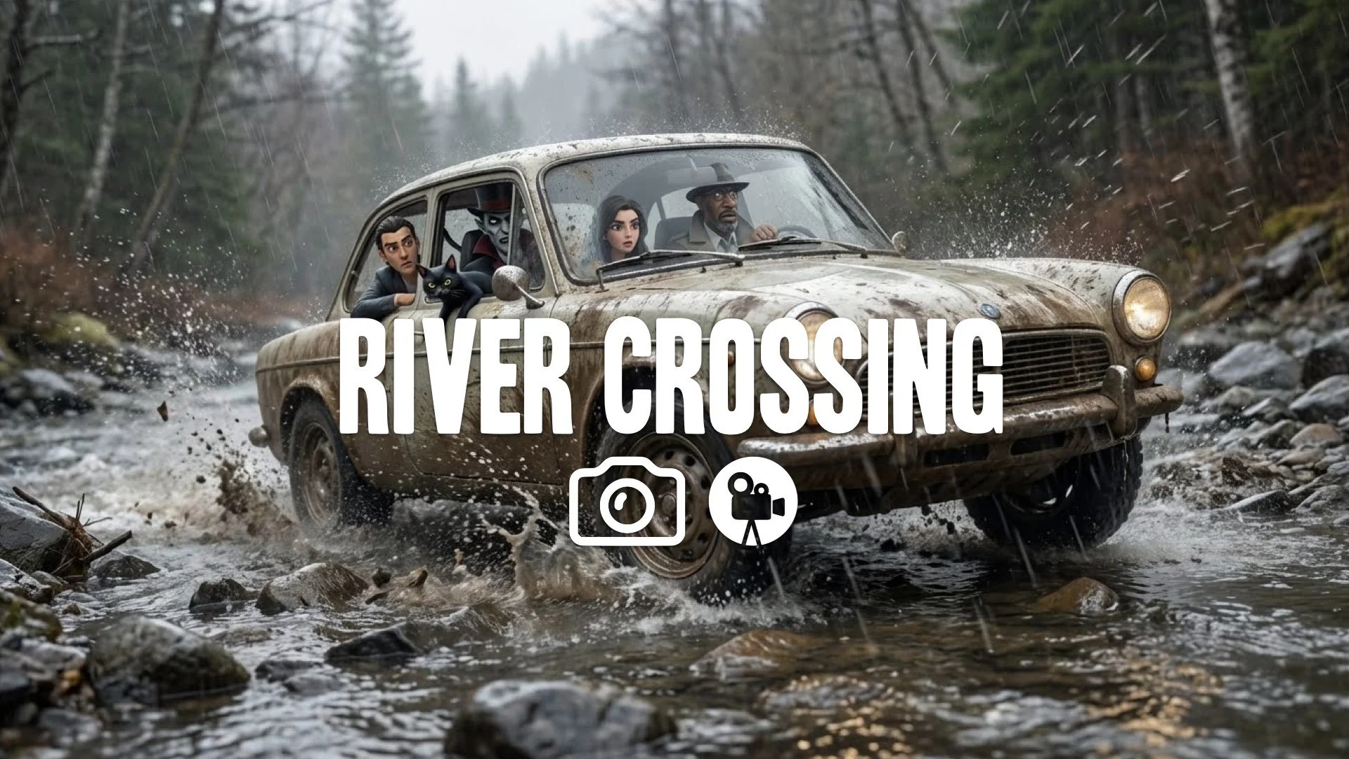 Rally car splashing through a river crossing, water droplets hitting the lens, mud textures on the car, realistic environmental physics. No music.