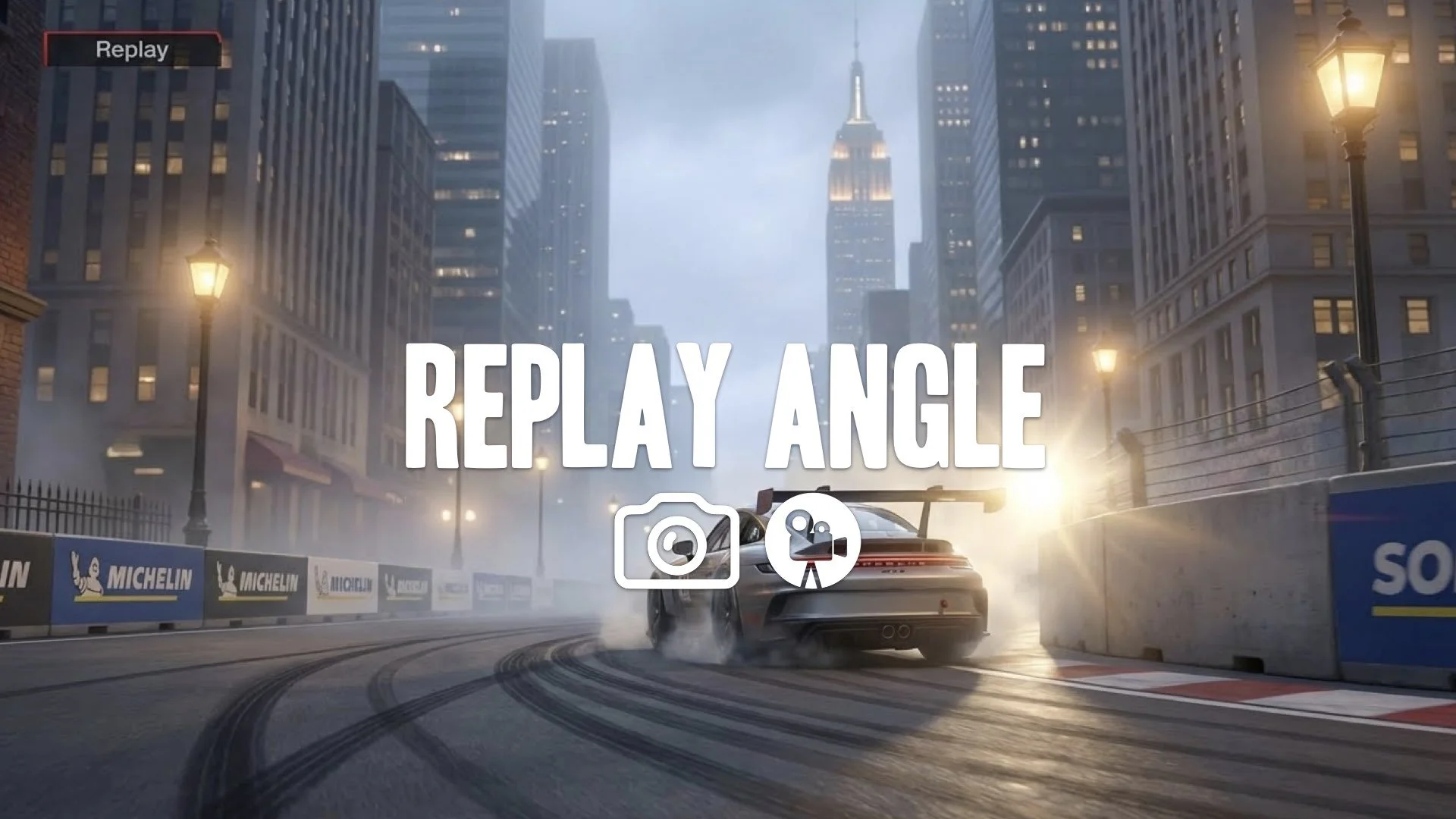 TV-broadcast style camera tracking a race car through a chicane, realistic suspension movement, sun flare, pristine track details. No music.