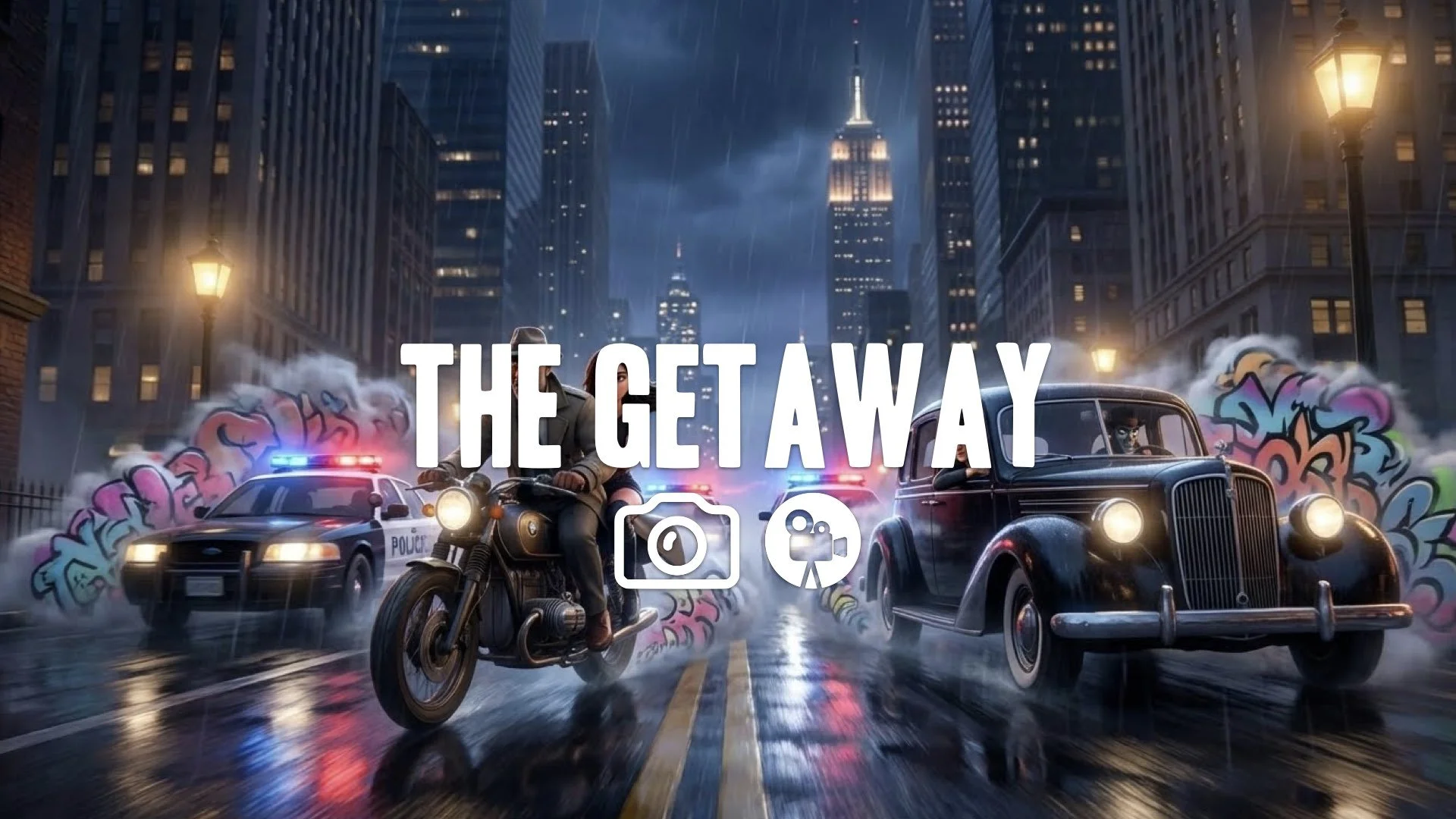 Night street chase with police, flashing red and blue lights, stylized graffiti smoke effects from tires, wet asphalt, cinematic action camera. No music