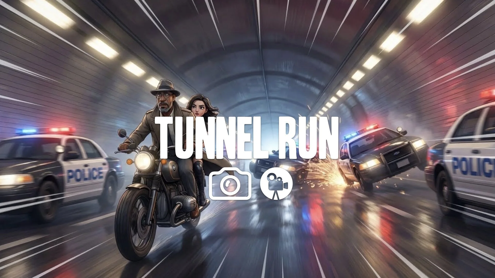 High-speed pursuit inside a lit tunnel, dodging traffic, cop cars crashing behind, stylized speed lines, intense motion blur. No music