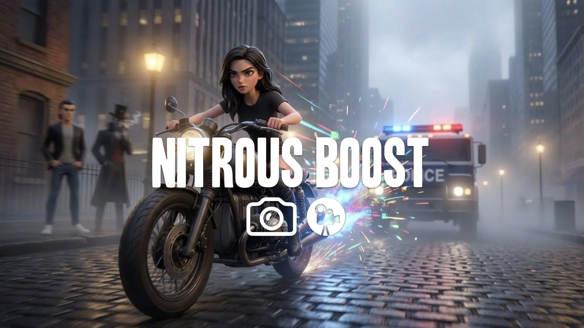 Close-up of nitrous activation, blue flames, burst of colorful graphic effects, camera shake, police barricade looming ahead. No music