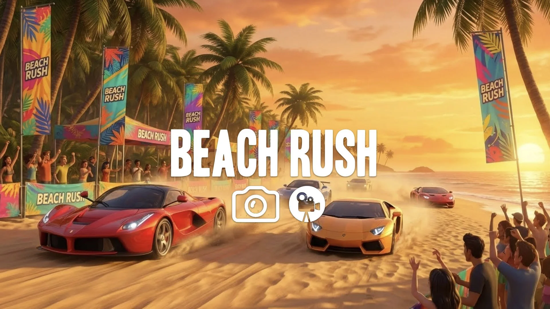 Hypercar racing on a Hawaiian beach at sunset, kicking up sand, vibrant festival banners, palm trees, golden hour lighting. No music