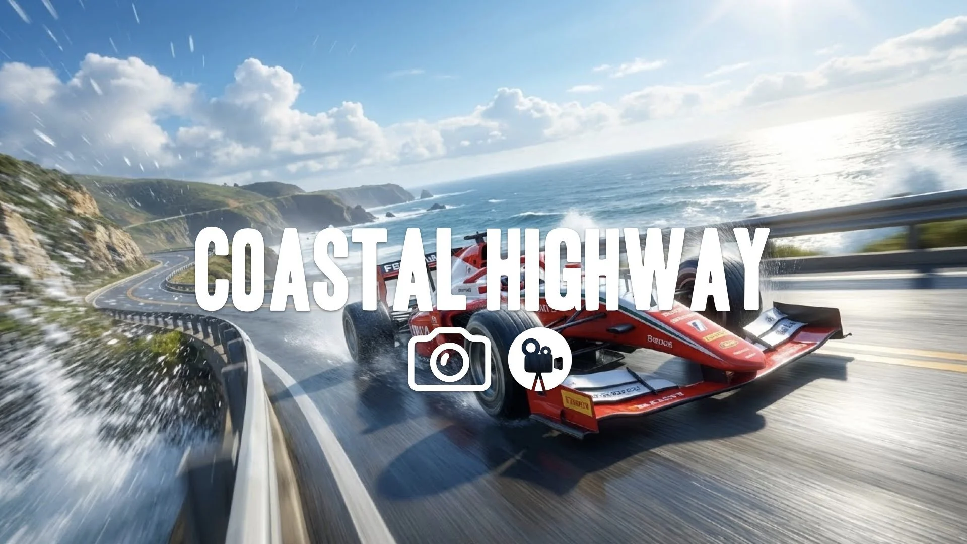 Formula car speeding on a coastal highway, ocean spray hitting the lens, bright blue sky, dynamic camera swooping low. No music