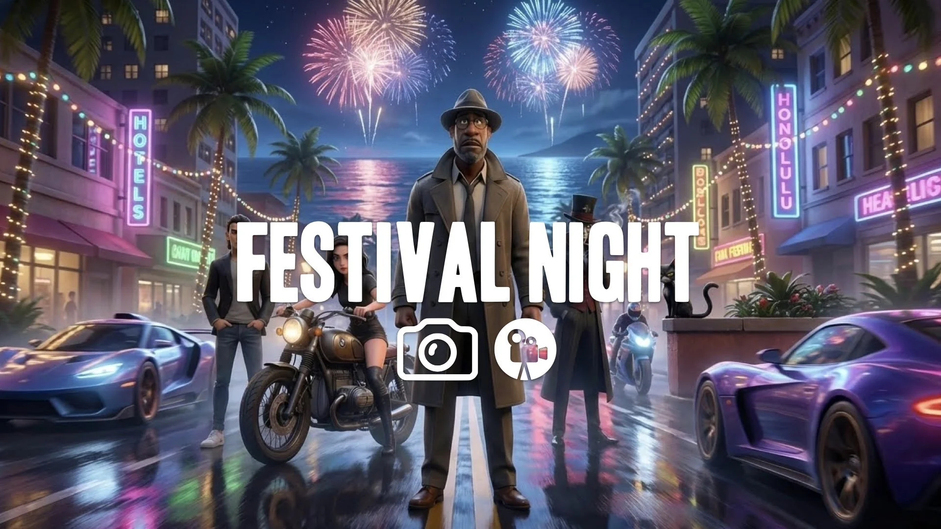 Neon-lit street race in Honolulu, glossy reflections on the road, fast-paced action, festival fireworks exploding in the background. No music