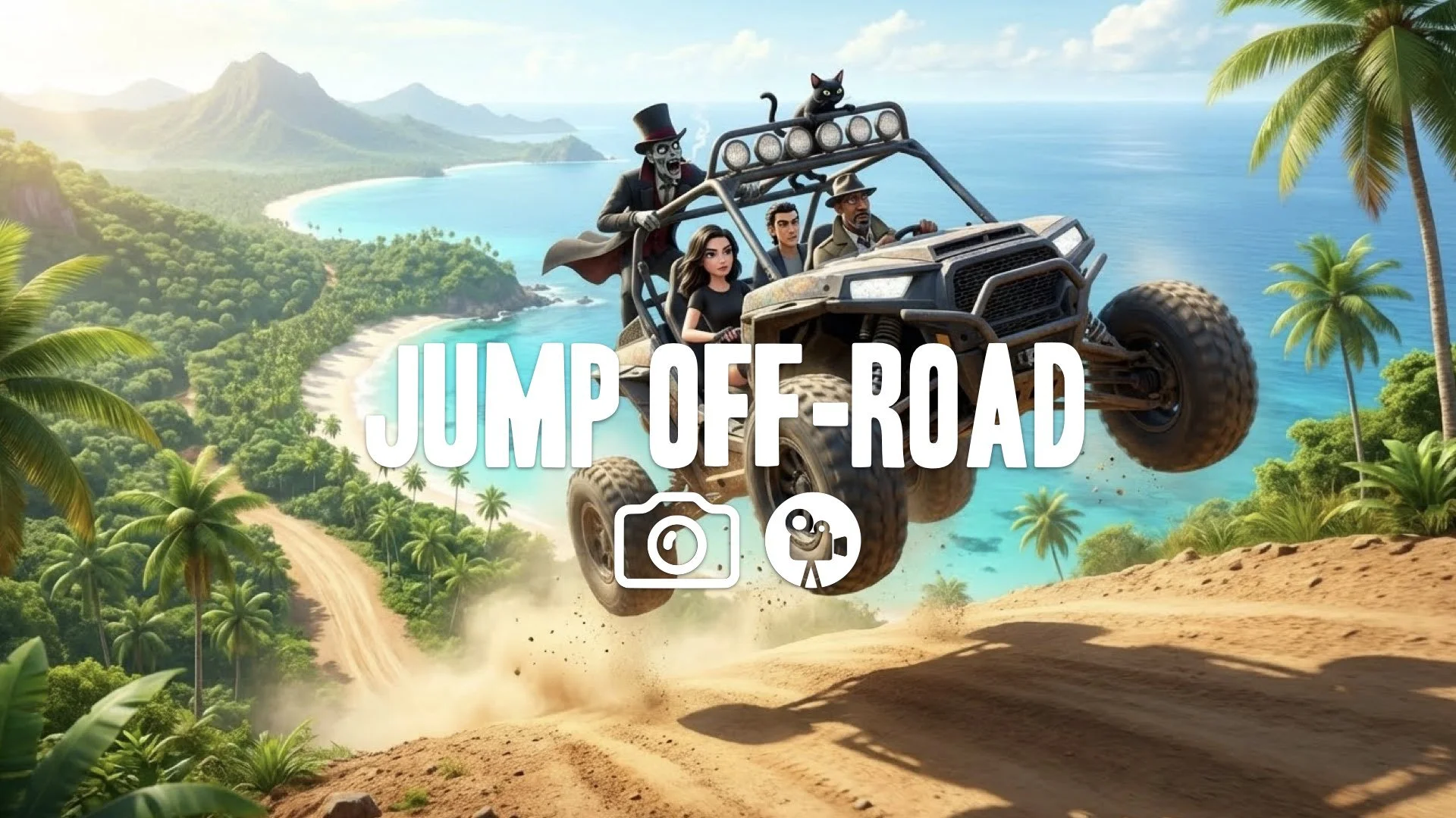 Off-road buggy launching off a massive ramp, mid-air freeze frame, tropical island panorama below, bright and energetic style. No music
