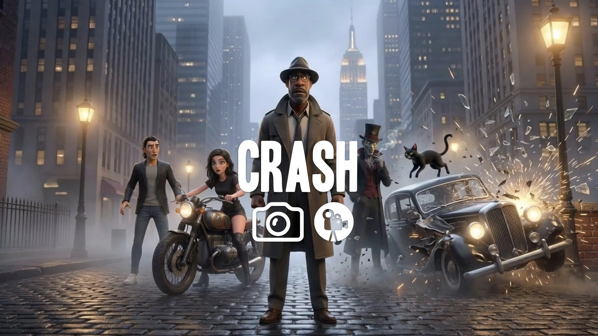 Slow-motion impact of a car hitting a wall, metal crumpling, glass shattering, sparks flying, cinematic destruction physics. No music