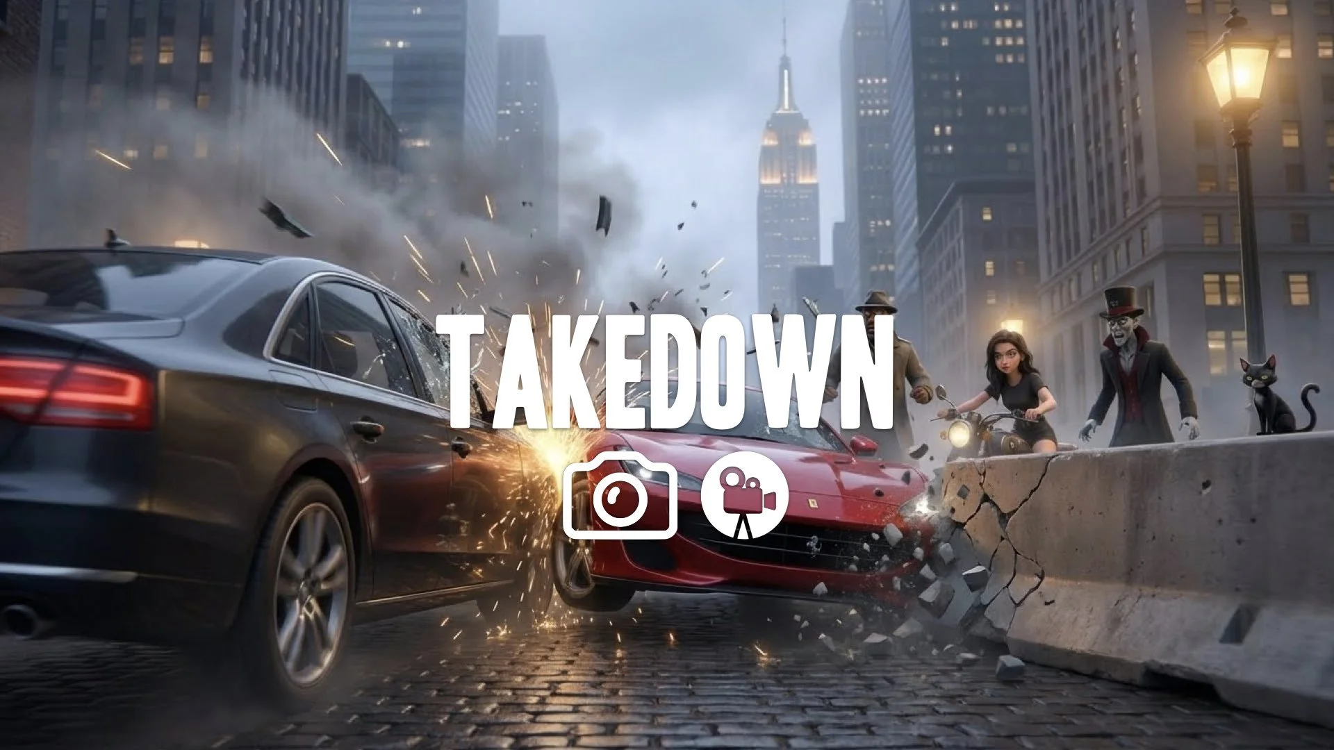 High-speed side-swipe slamming a rival car into a concrete barrier, debris flying, dynamic action camera following the wreck. No music