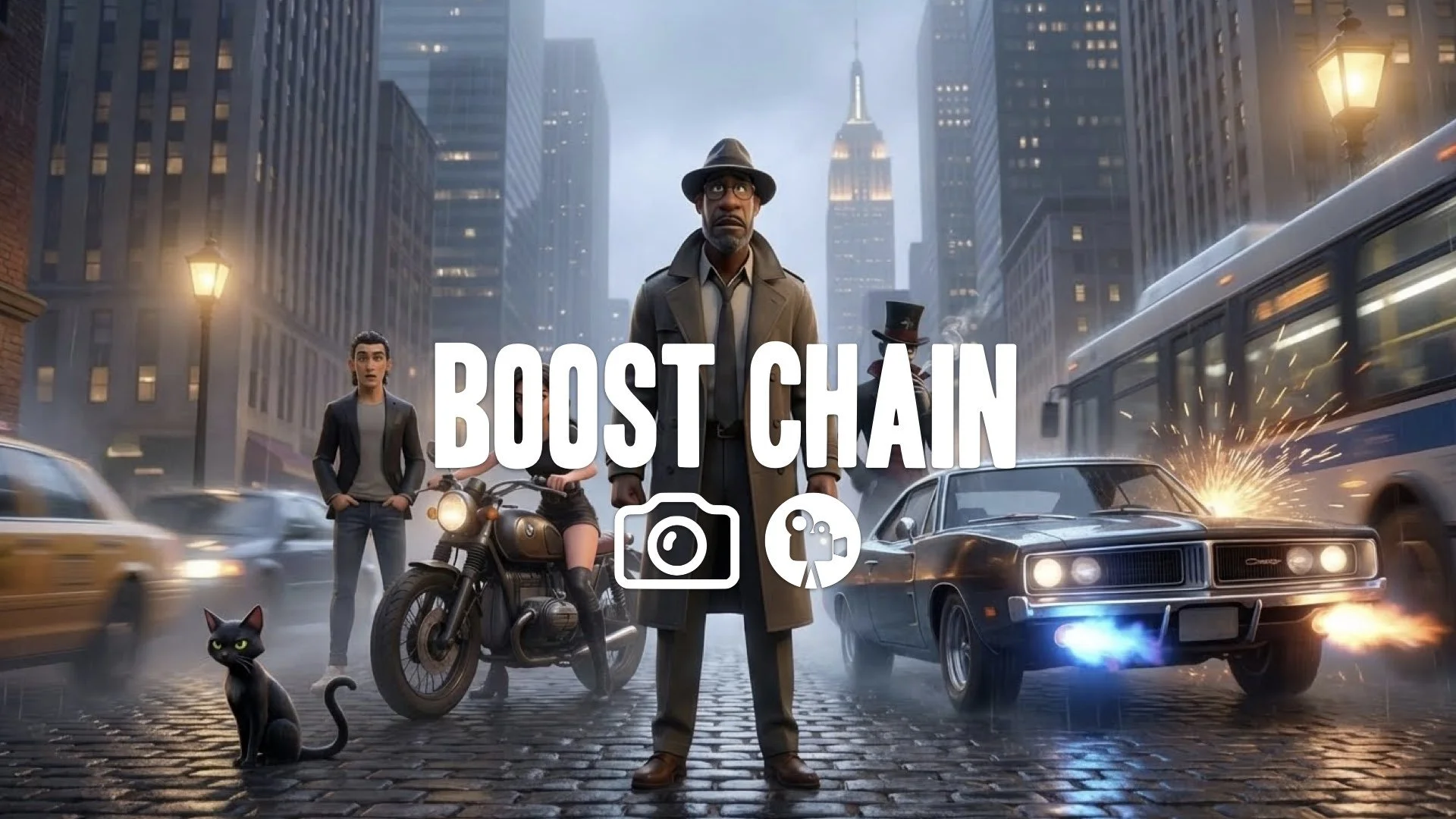 Muscle car with glowing exhaust boosting through heavy traffic, near-miss with a bus, intense sense of dangerous speed and blur. No music