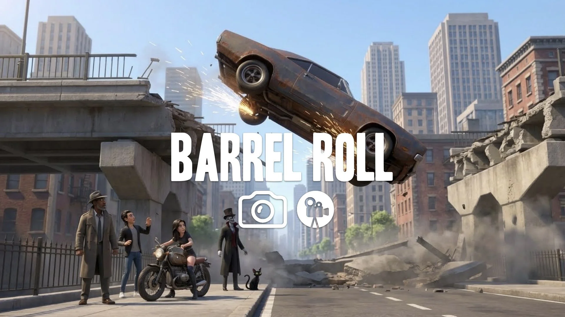 Stunt car performing a barrel roll off a broken bridge, mid-air cinematic shot, sunny urban background, landing with sparks. No music