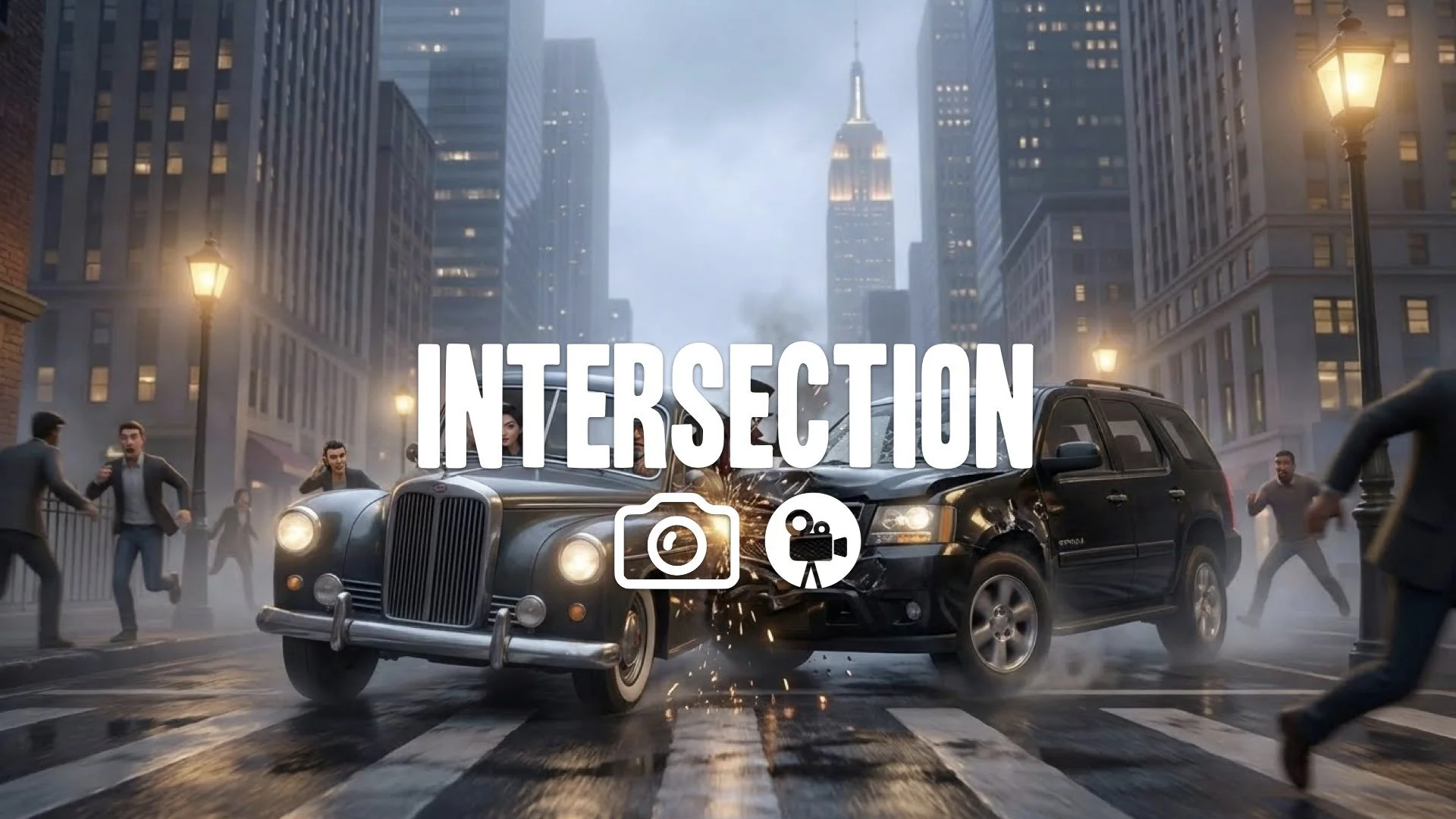 Racing through a busy intersection, T-boning a rival vehicle, realistic damage mesh, camera shaking, chaotic arcade energy. No music