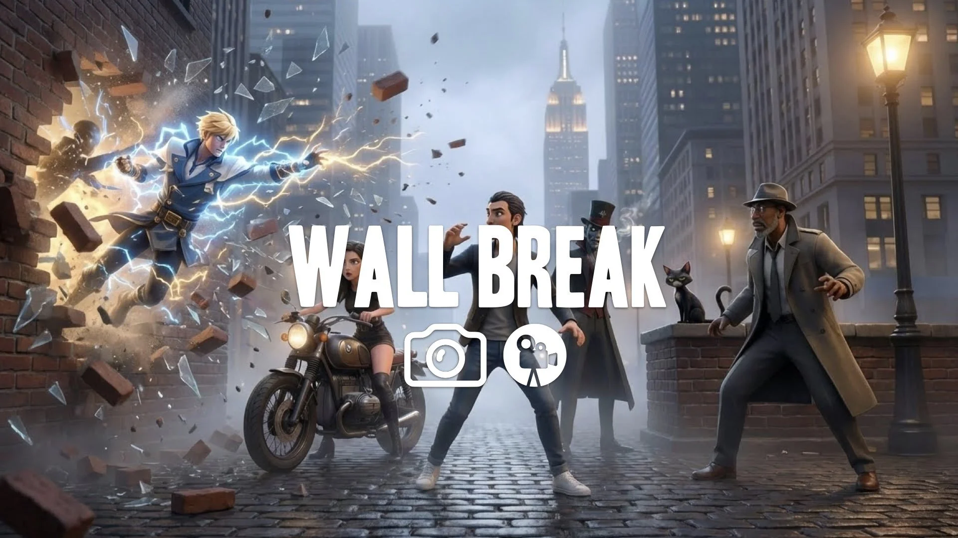 Ky Kiske blasting opponent through the stage wall, glass shattering, area transition animation, high-energy particle effects, dynamic camera follow. No music