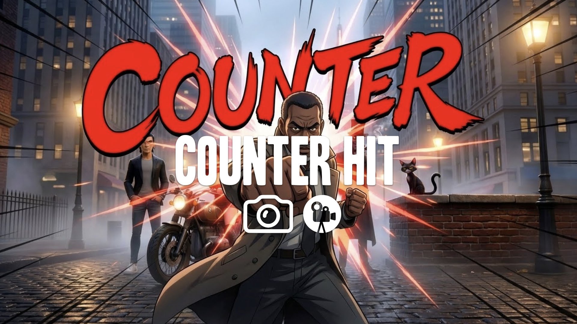 Sol Badguy landing a massive counter hit, screen freezes with red "COUNTER" impact text, camera zooms in, dramatic lighting, 2.5D anime style. No music