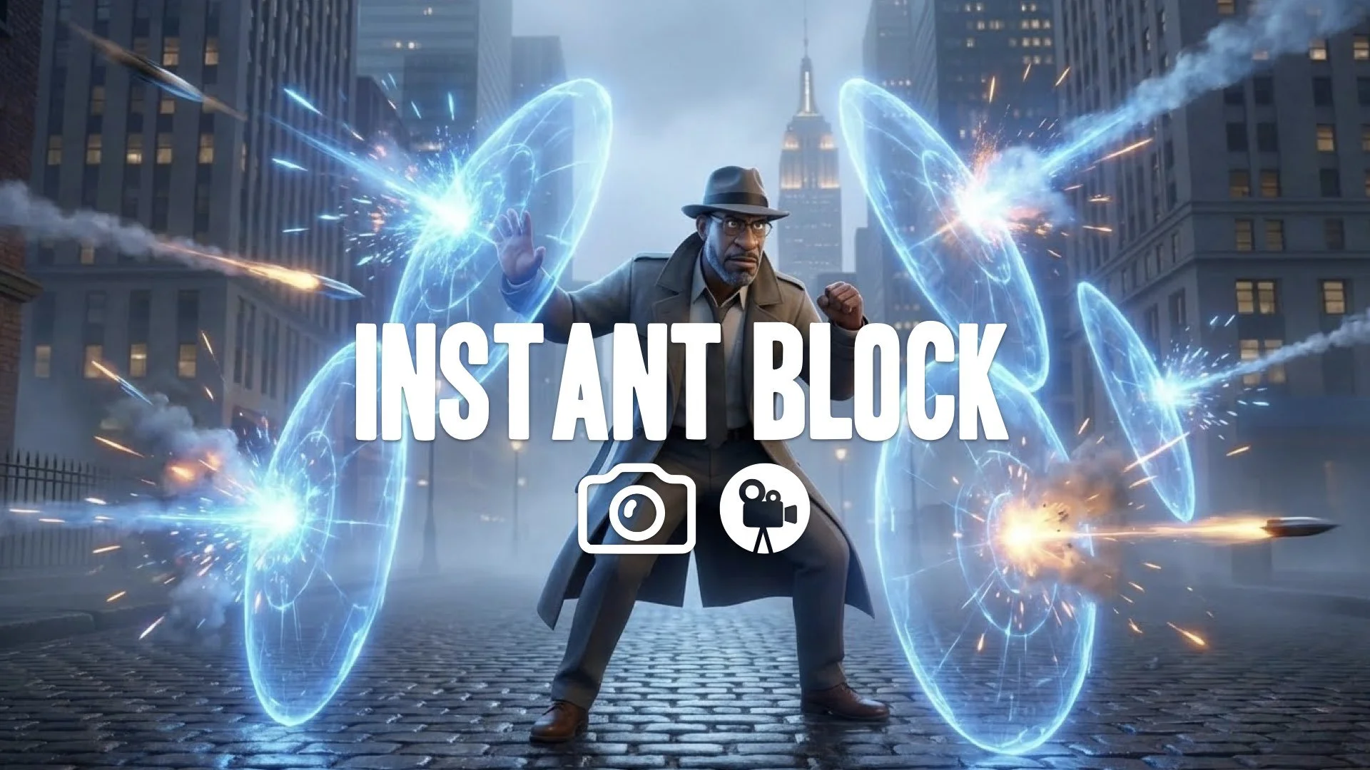 Character guarding a flurry of attacks, blue energy shields flashing, sparks flying, holding ground in a tense 2.5D standoff. No music